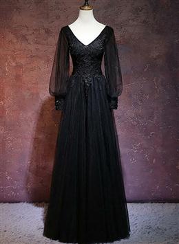 Picture of Pretty Black Color Long Sleeves V-neckline Evening Dresses, Black Color Prom Dresses